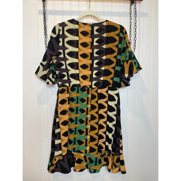 AX Paris Green Black Green Aztec Printed Day Mini Wrap Dress Ruffled Size S - Picture 5 of 9
